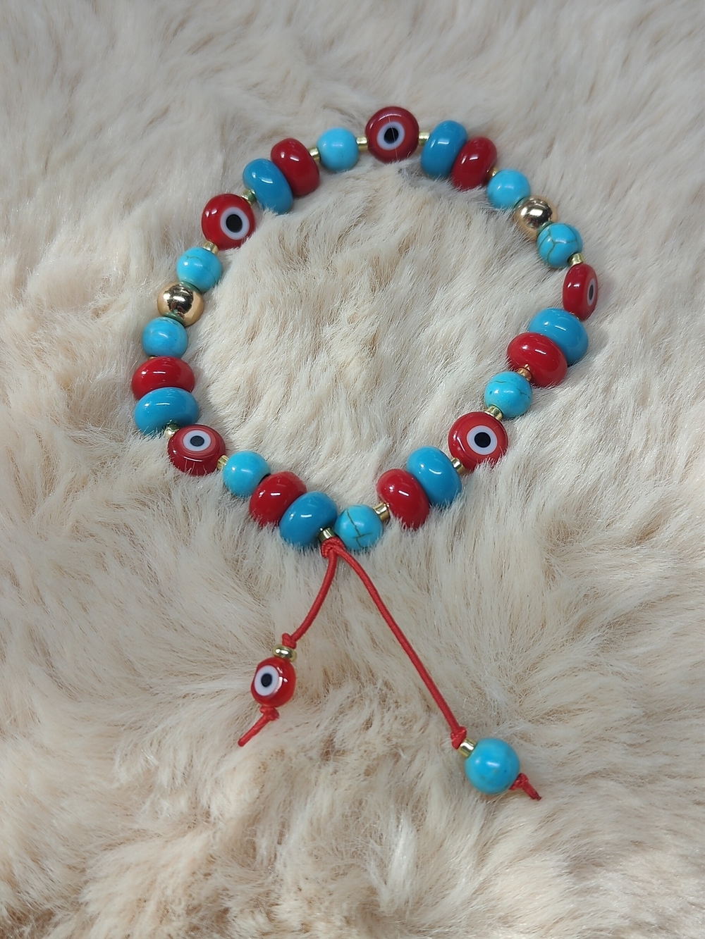 Red & Turquoise Beaded Bracelet with Evil Eye Charm